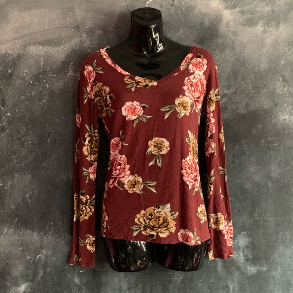 Burgundy Floral Long Sleeve V Neck Shirt